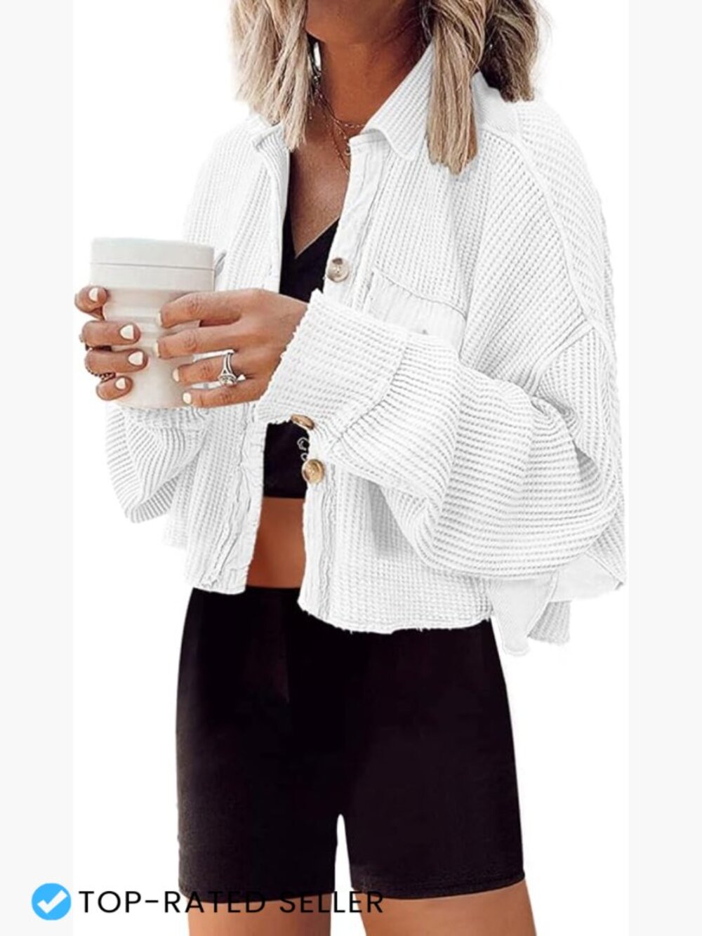 Cropped Waffle Knit Jacket Casual Oversized Shacket Women's Long Sleeve Button
